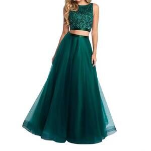 NEW BLUSH PROM hand beaded boatneck tulle two piece gown in evergreen